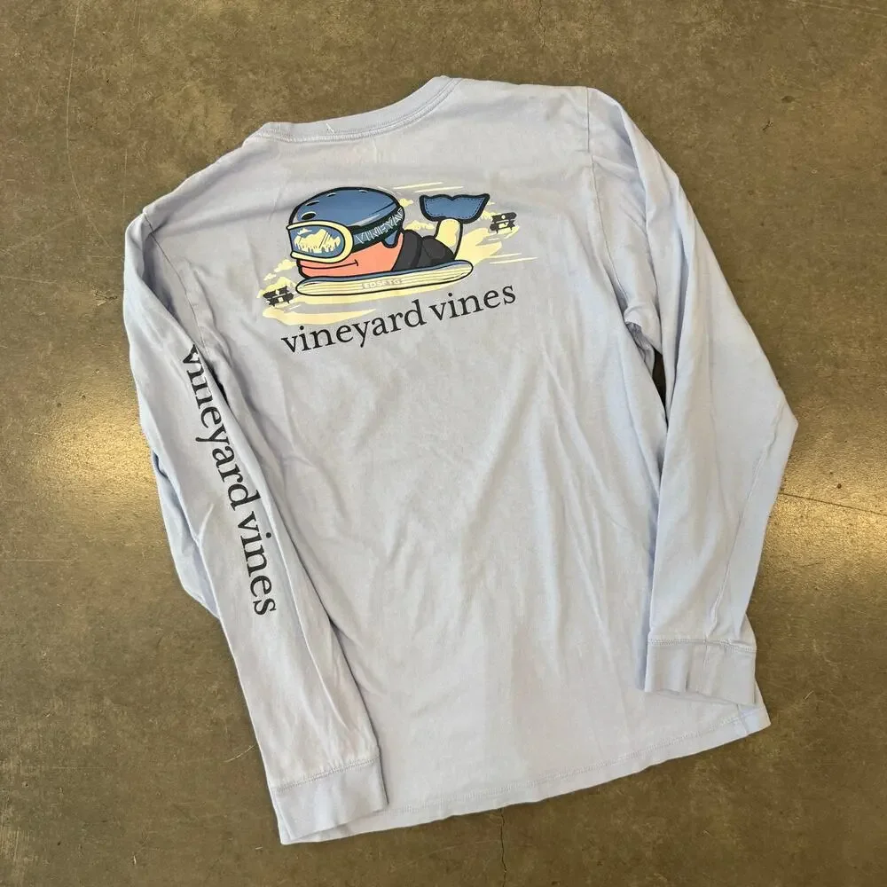 Vintage Y2K Vineyard Vines Snowboard Whale Longsleeve Baby Blue T-Shirt Youth XL